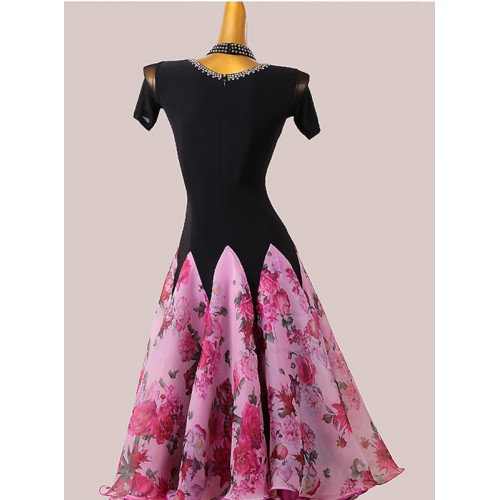 custom size Black with fuchsia rose flowers floral competition ballroom dancing dresses for women girls waltz tango foxtrot smooth flamenco dance long dress for female